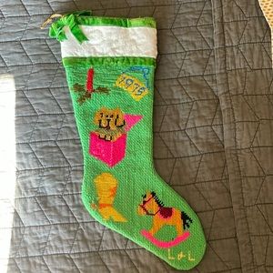 VINTAGE 70s Handmade Christmas stocking needlepoint signed cowboy puppy horse